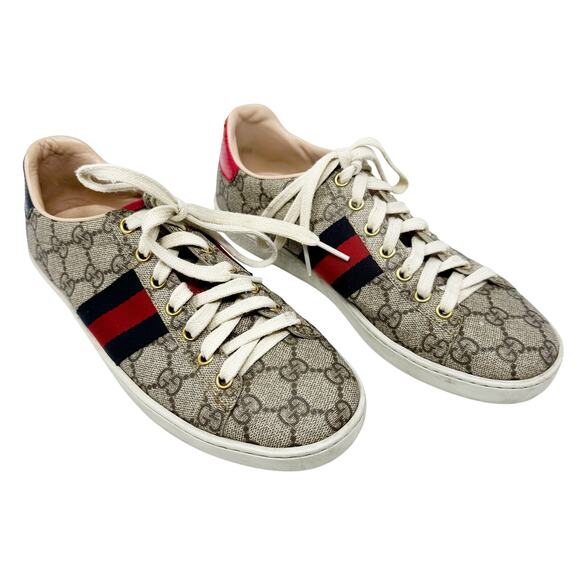 Gucci GG Supreme Web Stripe Ace Sneakers Red Blue Metallic Heel Tabs EU 37 - Picture 1 of 11